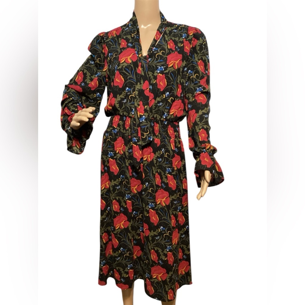 Tahari Red and Black floral tie neck smocked waist A line